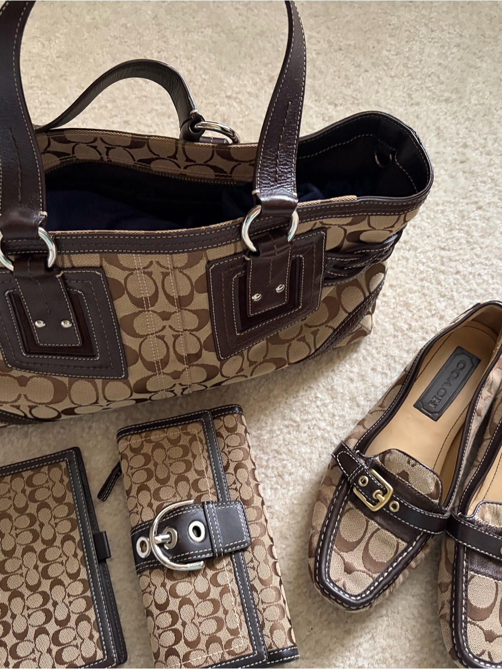 Coach Brown Signature Canvas Tote with Matching Accessories